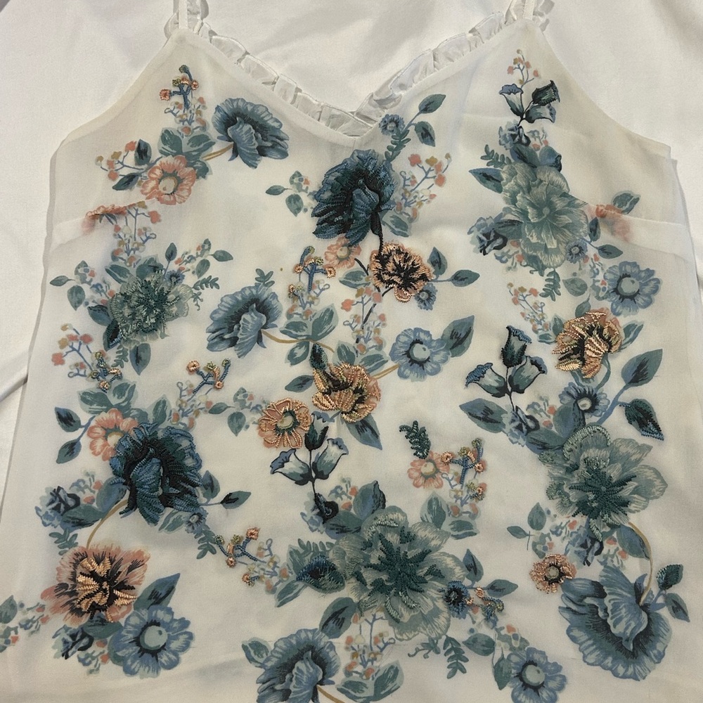 White House Black Market Blue Floral Ruffled Camisole